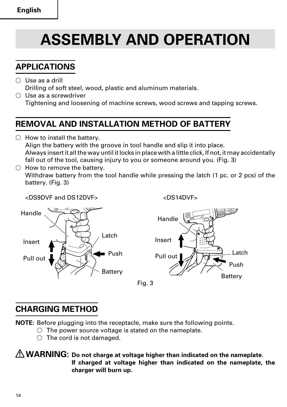 Assembly and operation, Applications, Removal and installation method of battery | Charging method, Warning | Hitachi DS 14DVF User Manual | Page 14 / 72