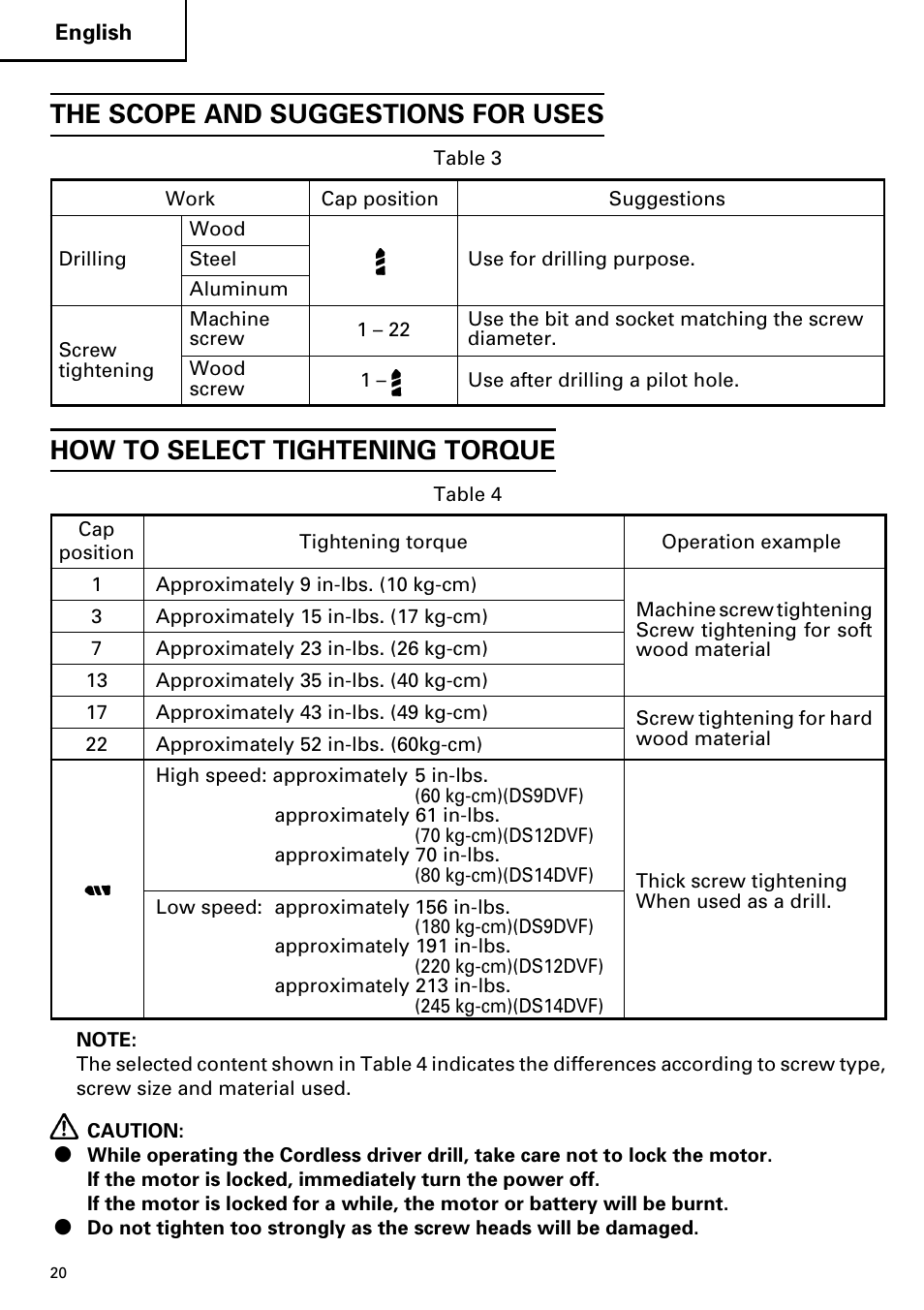 The scope and suggestions for uses, How to select tightening torque | Hitachi DS 14DVF User Manual | Page 20 / 72