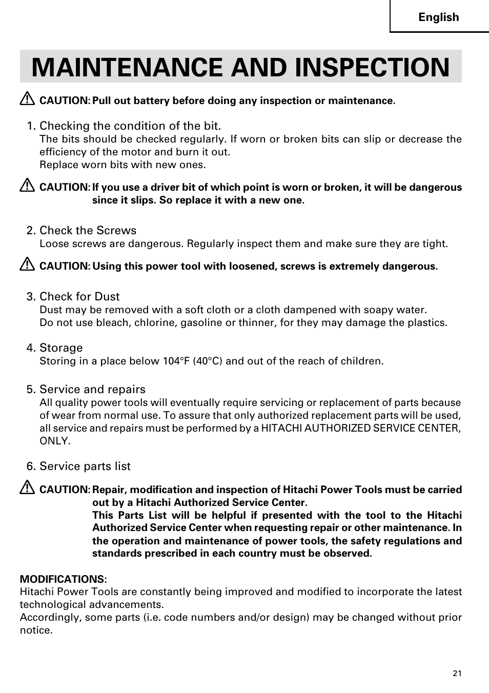 Maintenance and inspection | Hitachi DS 14DVF User Manual | Page 21 / 72