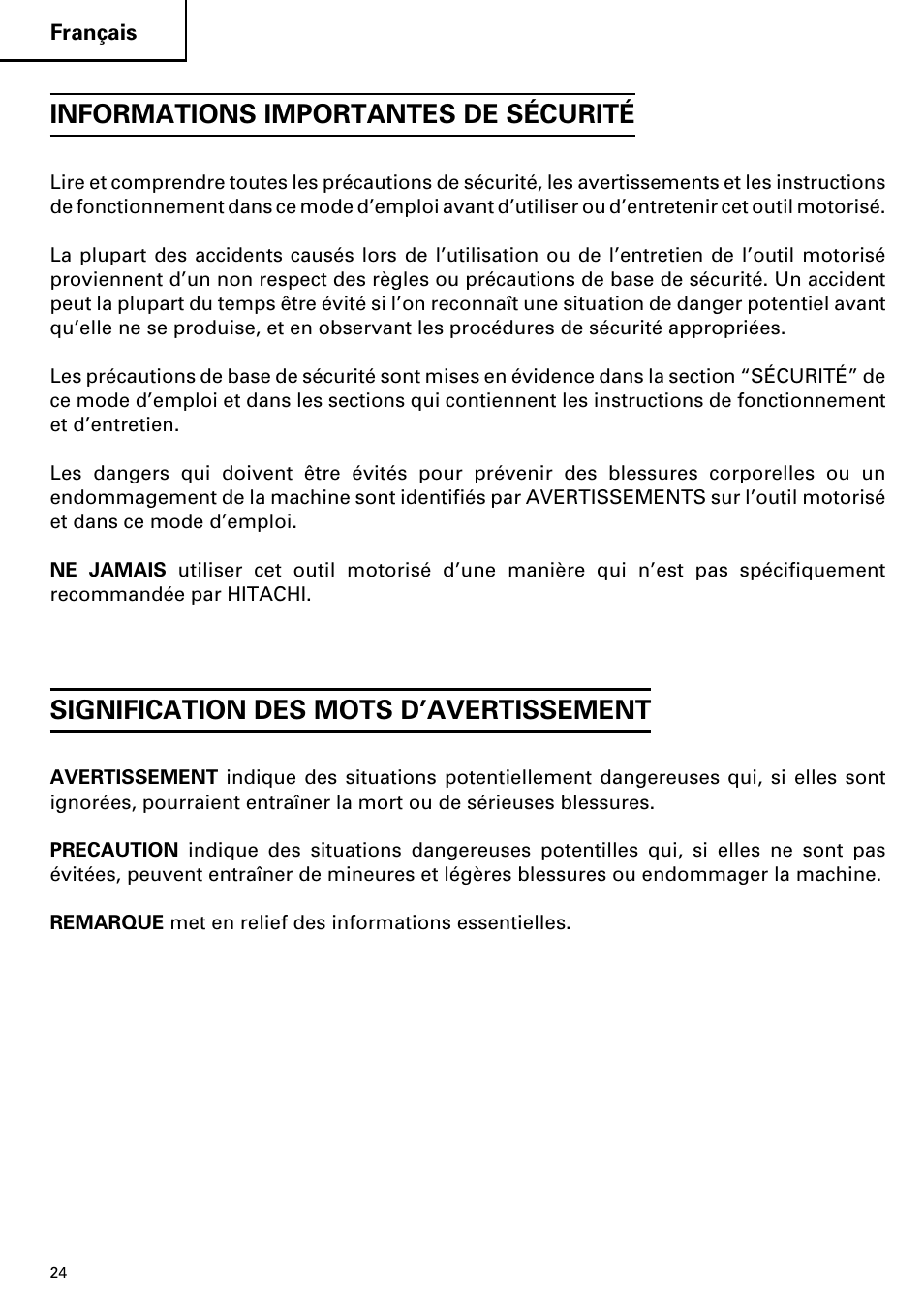 Informations importantes de sécurité, Signification des mots d’avertissement | Hitachi DS 14DVF User Manual | Page 24 / 72