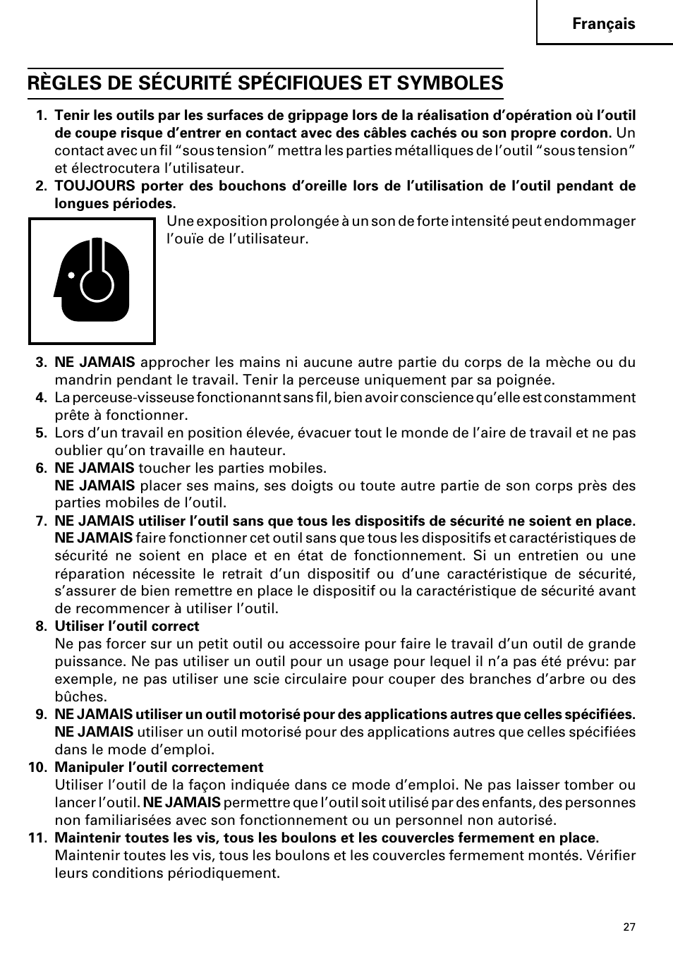 Règles de sécurité spécifiques et symboles | Hitachi DS 14DVF User Manual | Page 27 / 72