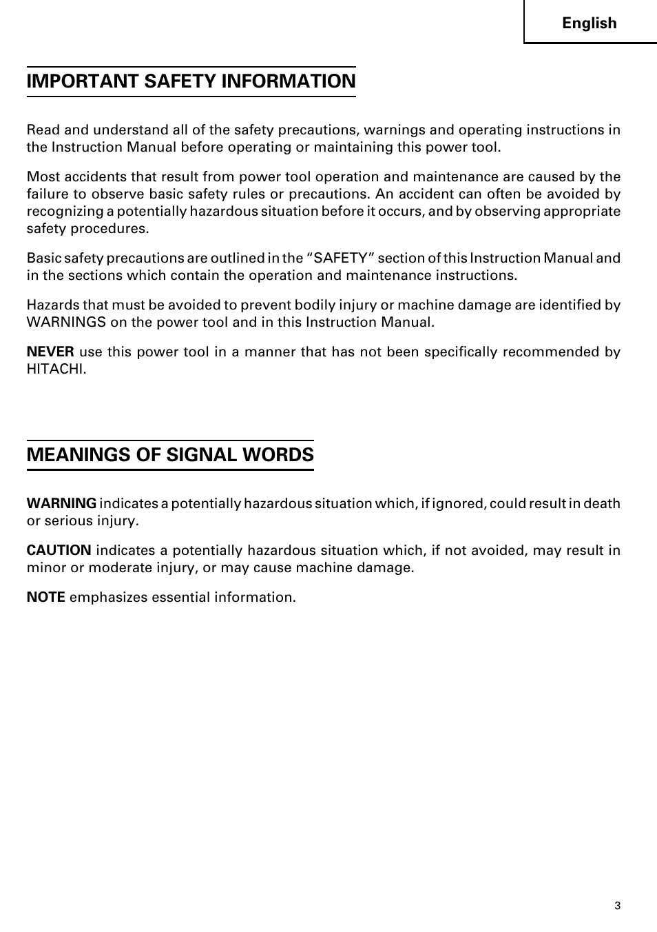 Important safety information, Meanings of signal words | Hitachi DS 14DVF User Manual | Page 3 / 72