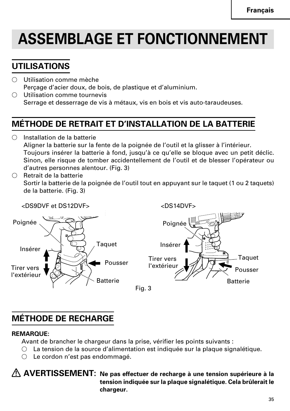 Assemblage et fonctionnement, Utilisations, Méthode de recharge | Avertissement | Hitachi DS 14DVF User Manual | Page 35 / 72
