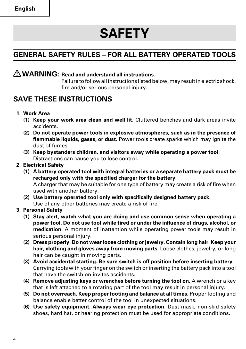 Safety, Save these instructions | Hitachi DS 14DVF User Manual | Page 4 / 72