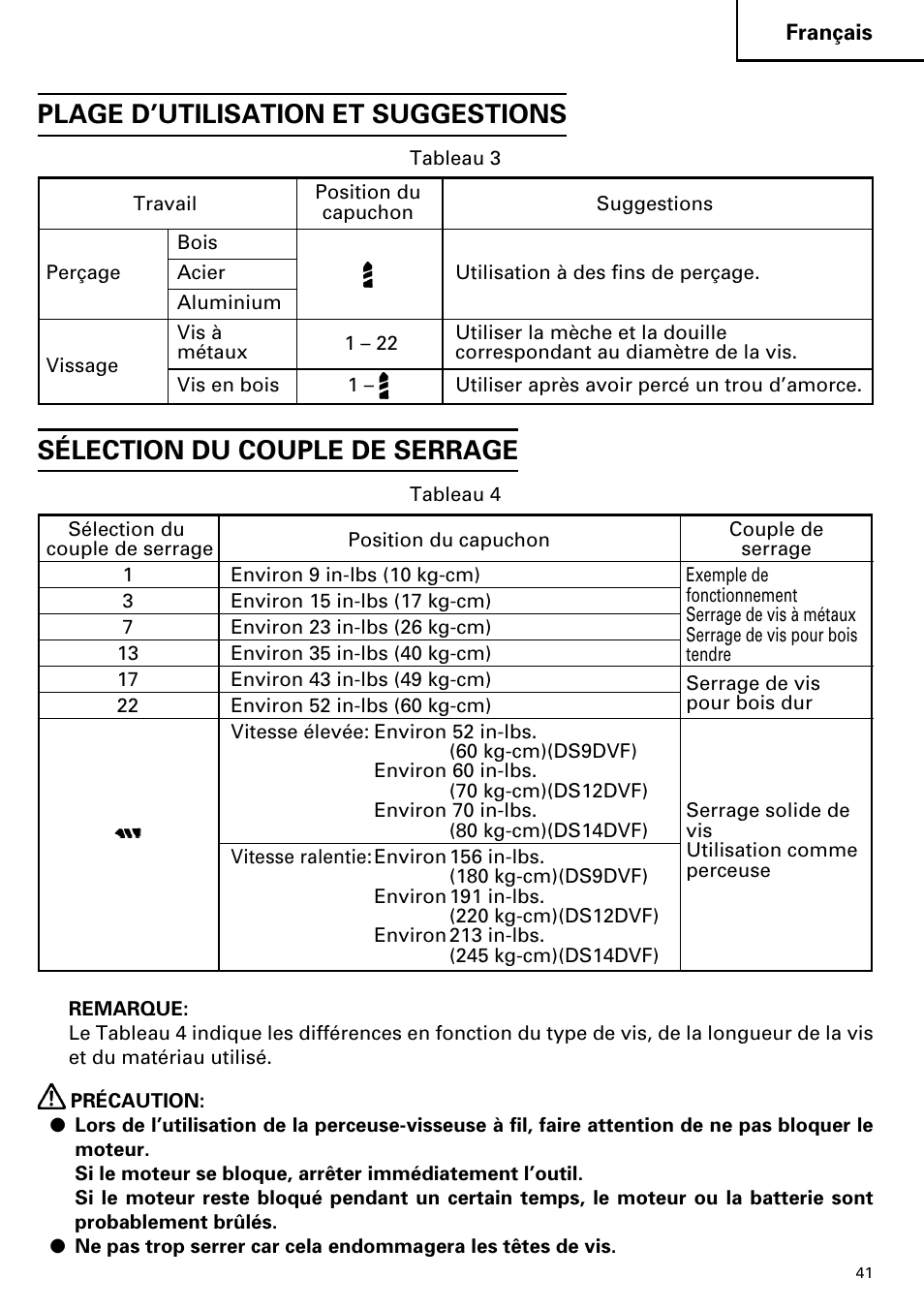 Plage d’utilisation et suggestions, Sélection du couple de serrage | Hitachi DS 14DVF User Manual | Page 41 / 72