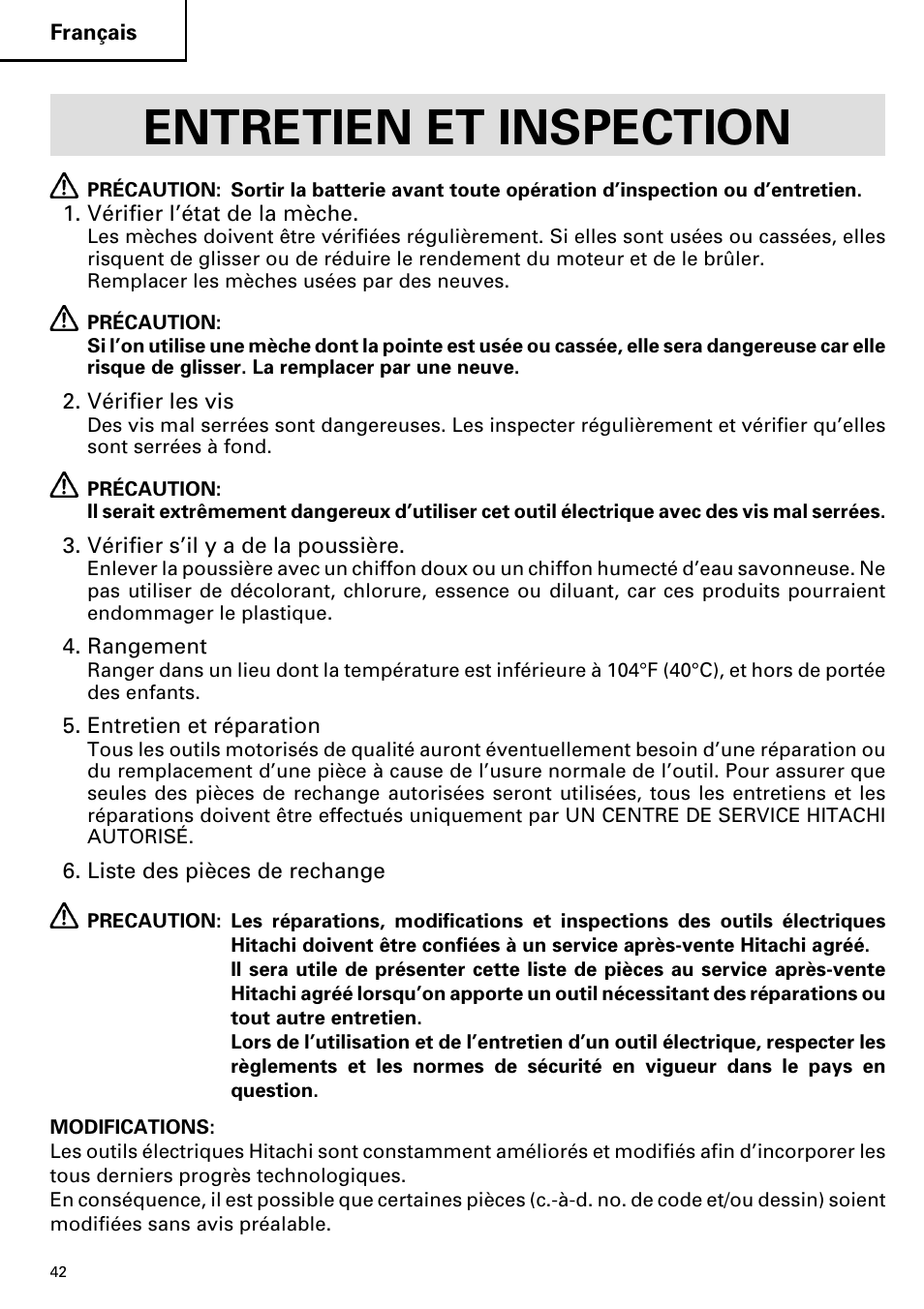 Entretien et inspection | Hitachi DS 14DVF User Manual | Page 42 / 72