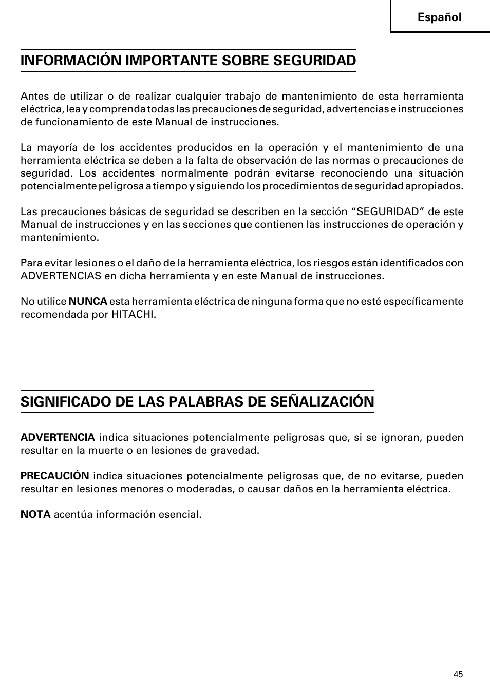 Información importante sobre seguridad, Significado de las palabras de señalización | Hitachi DS 14DVF User Manual | Page 45 / 72