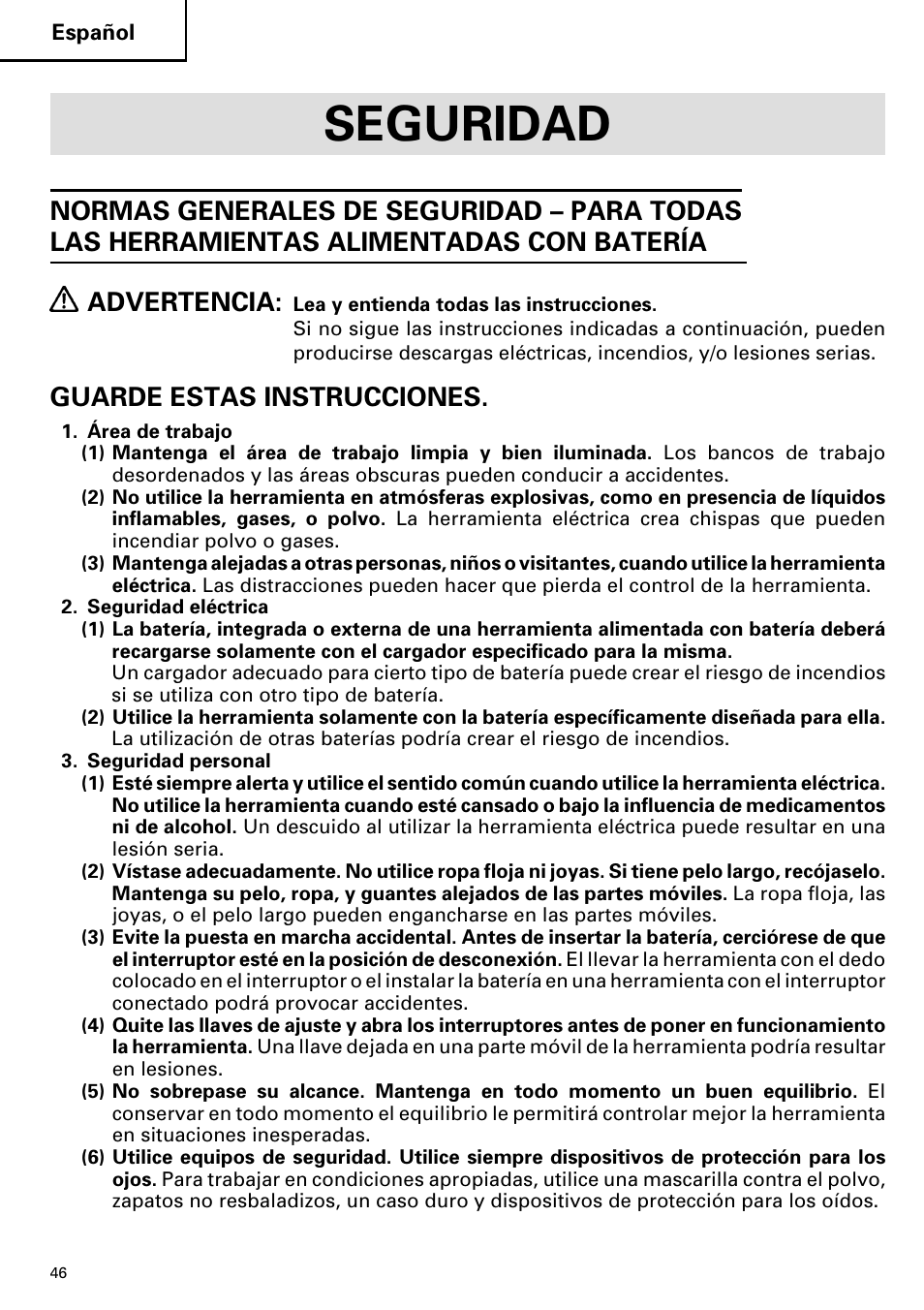 Seguridad, Guarde estas instrucciones | Hitachi DS 14DVF User Manual | Page 46 / 72