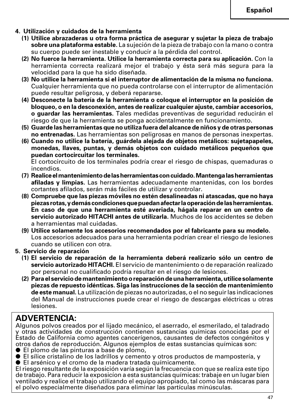 Advertencia | Hitachi DS 14DVF User Manual | Page 47 / 72
