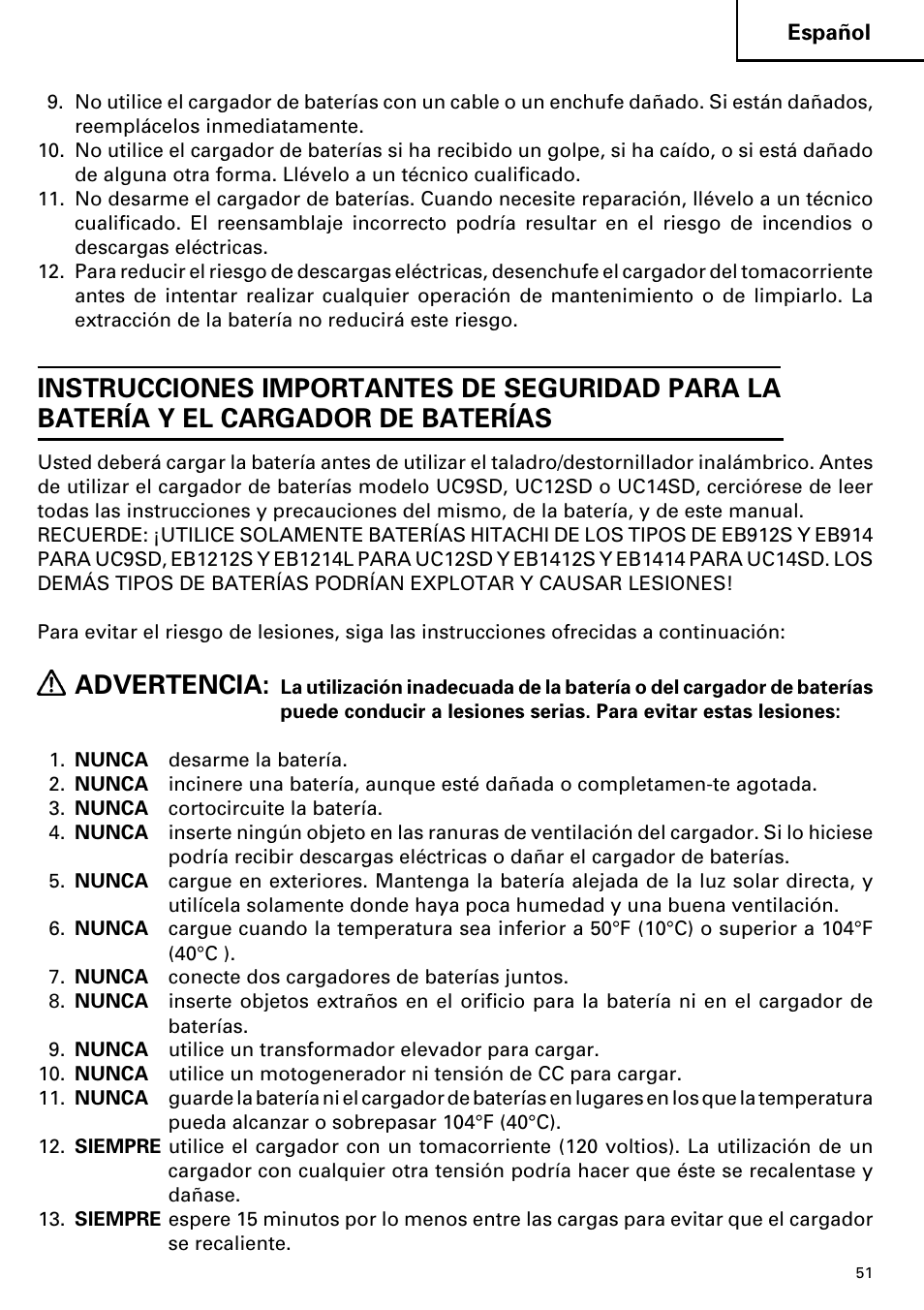 Advertencia | Hitachi DS 14DVF User Manual | Page 51 / 72