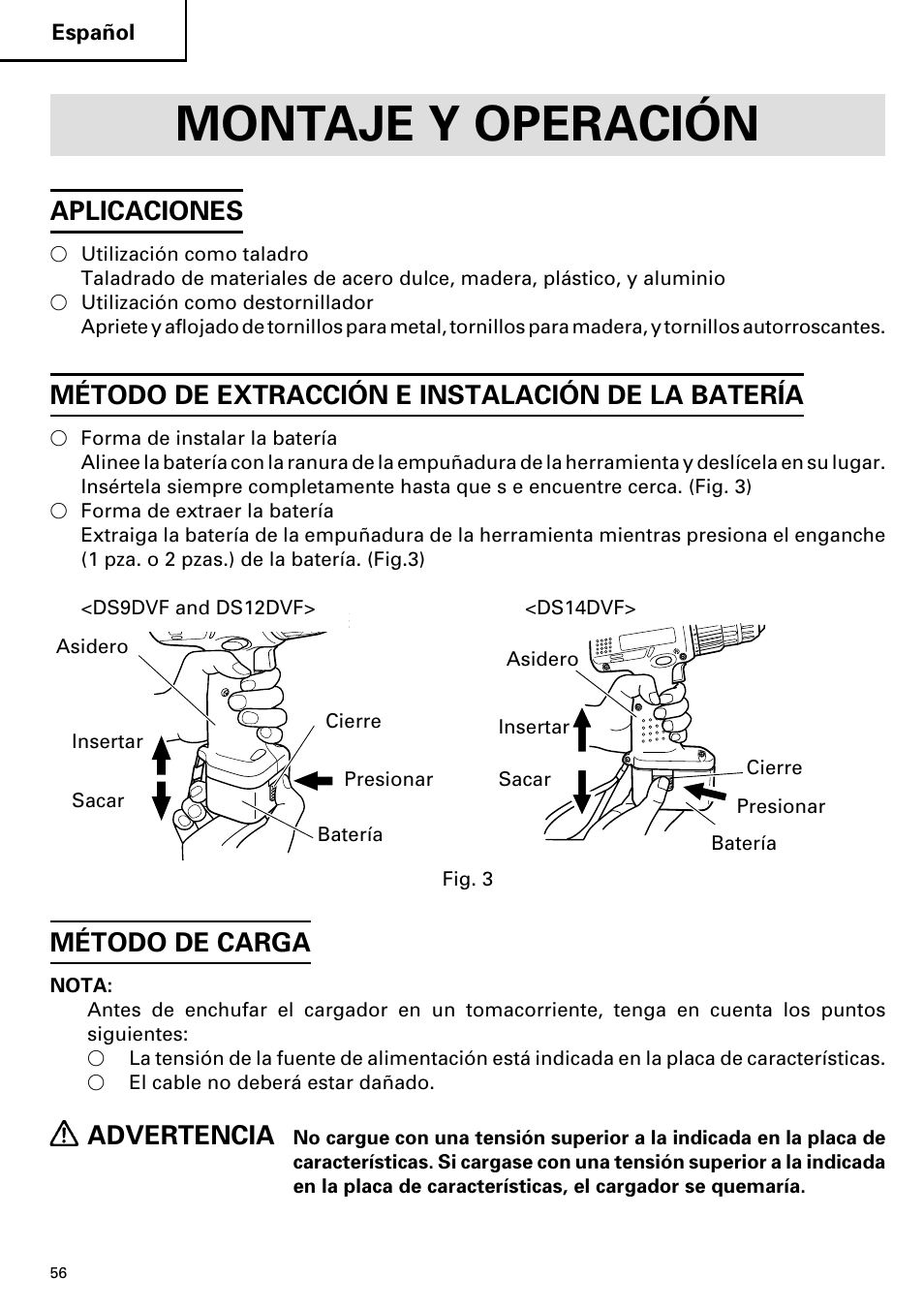 Montaje y operación, Aplicaciones, Método de extracción e instalación de la batería | Método de carga, Advertencia | Hitachi DS 14DVF User Manual | Page 56 / 72