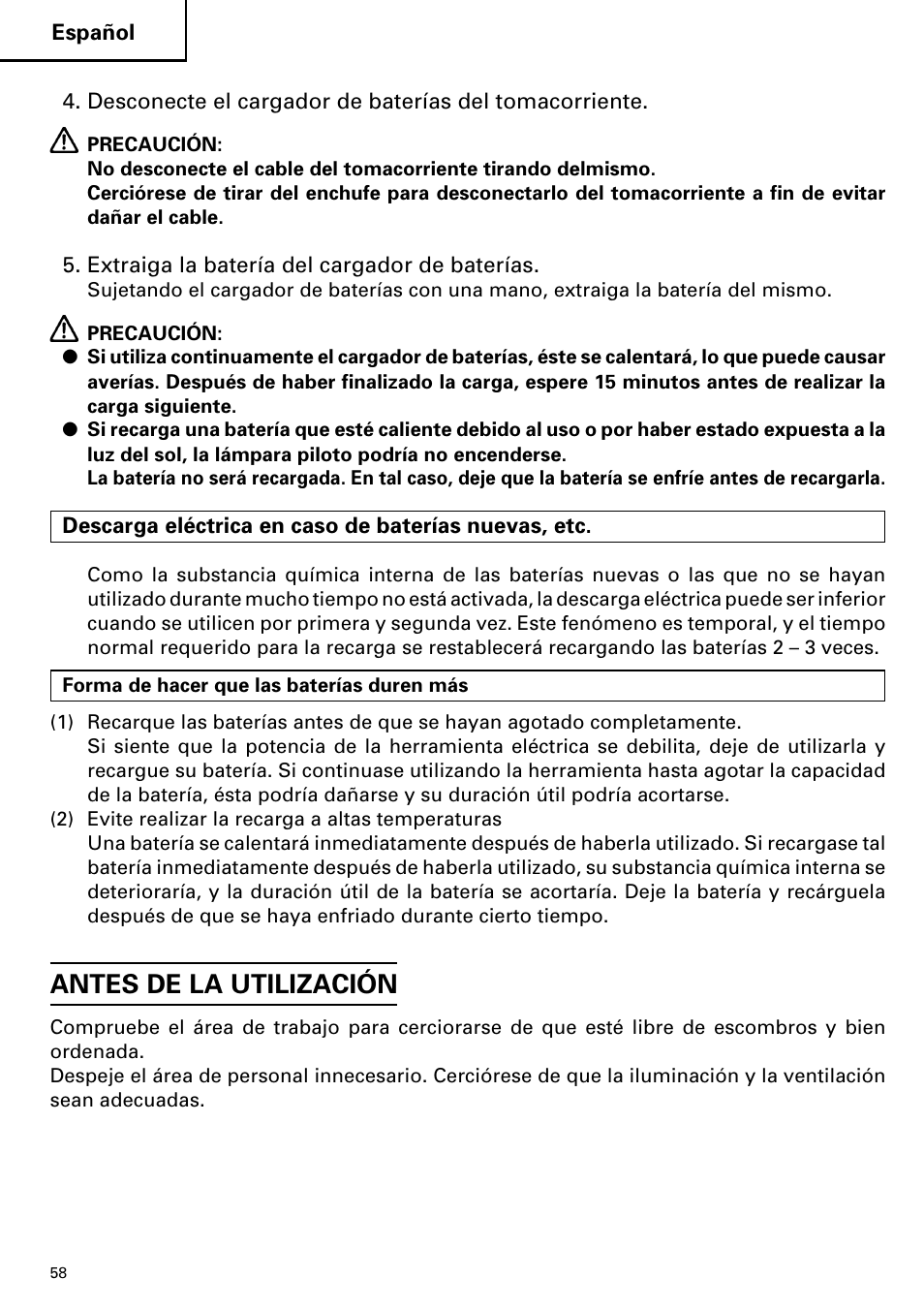 Antes de la utilización | Hitachi DS 14DVF User Manual | Page 58 / 72