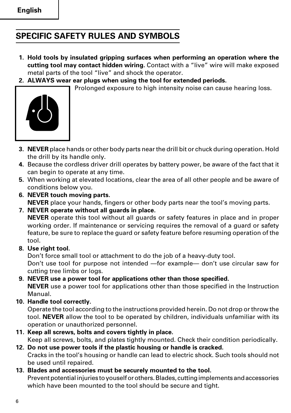 Specific safety rules and symbols | Hitachi DS 14DVF User Manual | Page 6 / 72