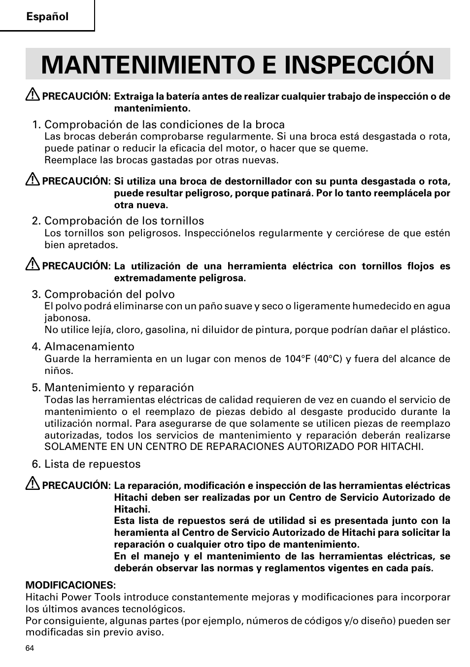 Mantenimiento e inspección | Hitachi DS 14DVF User Manual | Page 64 / 72