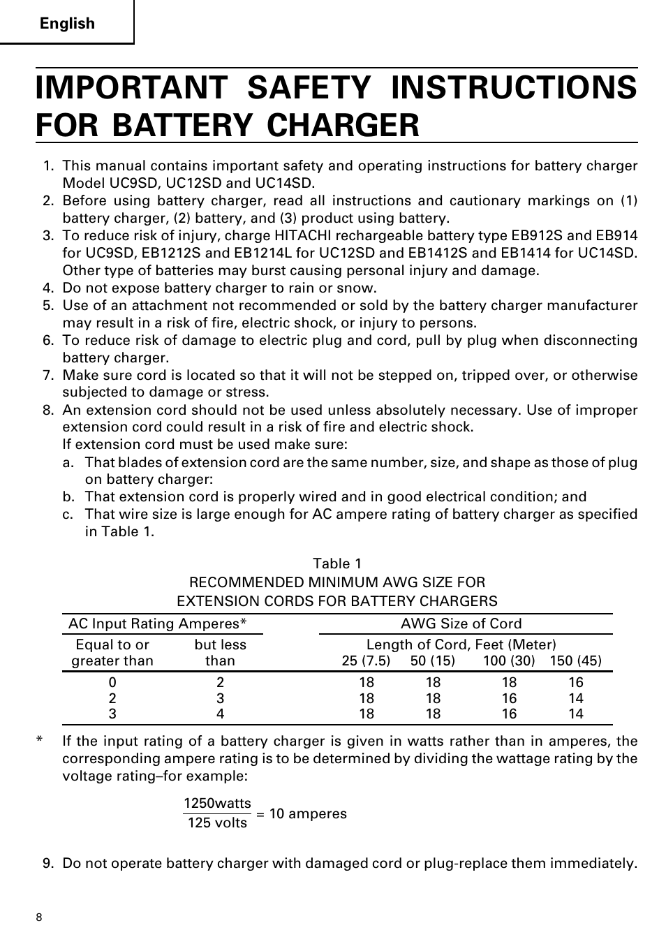 Important safety instructions for battery charger | Hitachi DS 14DVF User Manual | Page 8 / 72