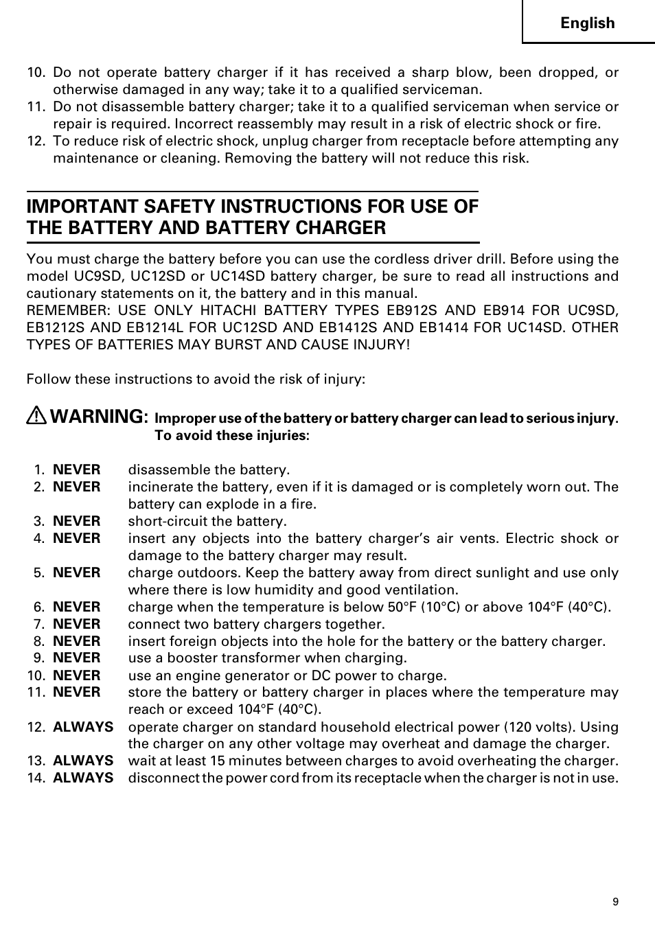 Warning | Hitachi DS 14DVF User Manual | Page 9 / 72