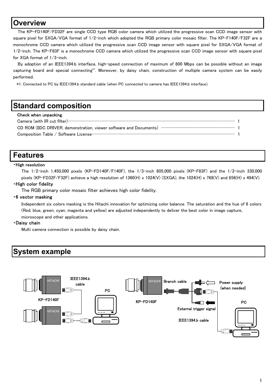 Overview, Standard composition, Features | System example | Hitachi KP-FD140F User Manual | Page 11 / 29