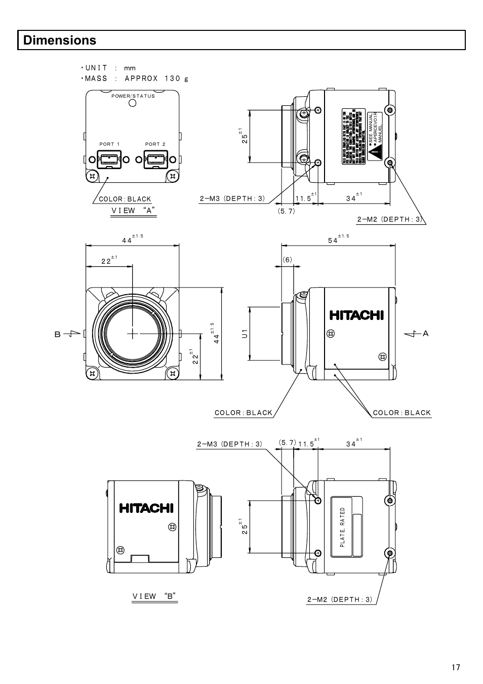 Dimensions, Ｖｉｅｗ “ｂ, Ｖｉｅｗ “ａ | Ｕｎｉｔ ： ｍｍ ・ｍａｓｓ ： ａｐｐｒｏｘ １３０ ｇ | Hitachi KP-FD140F User Manual | Page 27 / 29