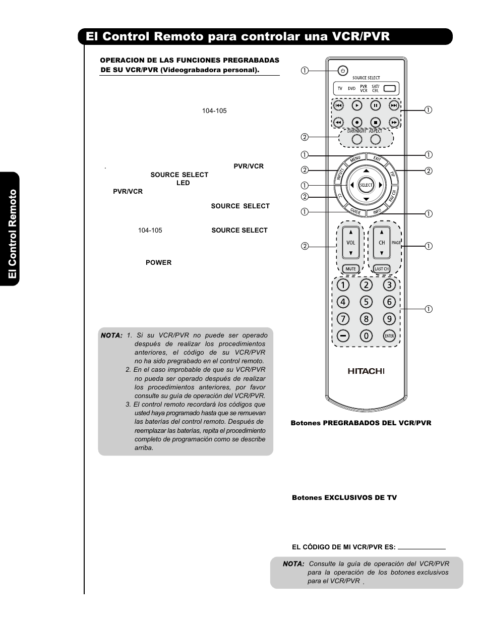 El control remoto para controlar una vcr/pvr | Hitachi L47V651 User Manual | Page 102 / 150