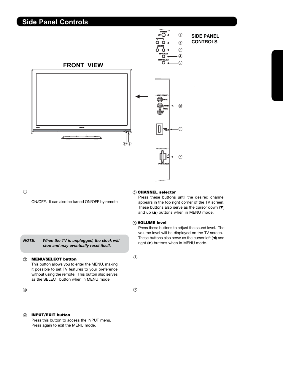 Side panel controls, First time use front view | Hitachi L47V651 User Manual | Page 11 / 150