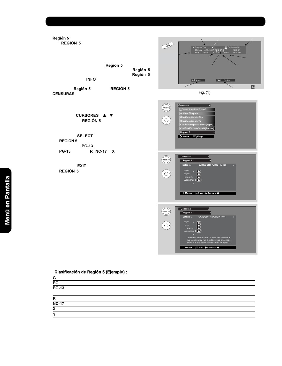 Censuras, Clasificación de región 5 (ejemplo) | Hitachi L47V651 User Manual | Page 120 / 150