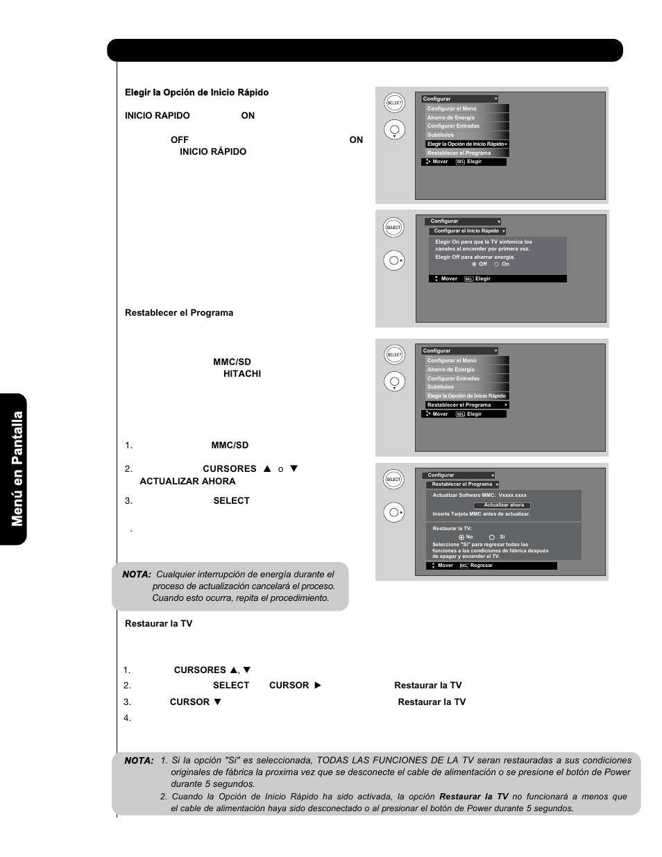 Configurar, Men ú en p an ta lla | Hitachi L47V651 User Manual | Page 128 / 150