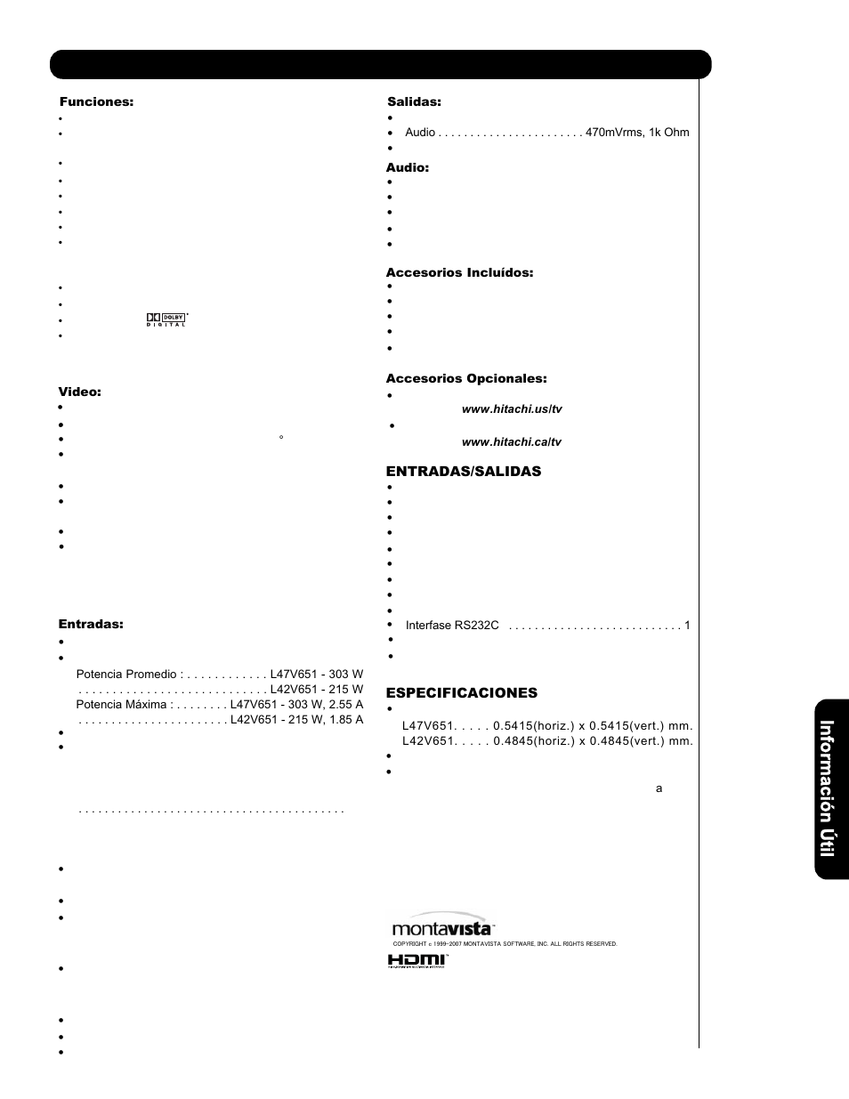 Funciones y especificaciones | Hitachi L47V651 User Manual | Page 133 / 150