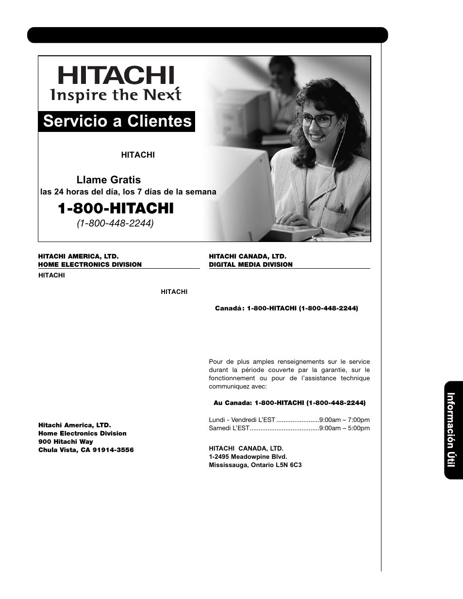 Servicio a clientes, 800-hitachi, Hitachi | Llame gratis | Hitachi L47V651 User Manual | Page 135 / 150