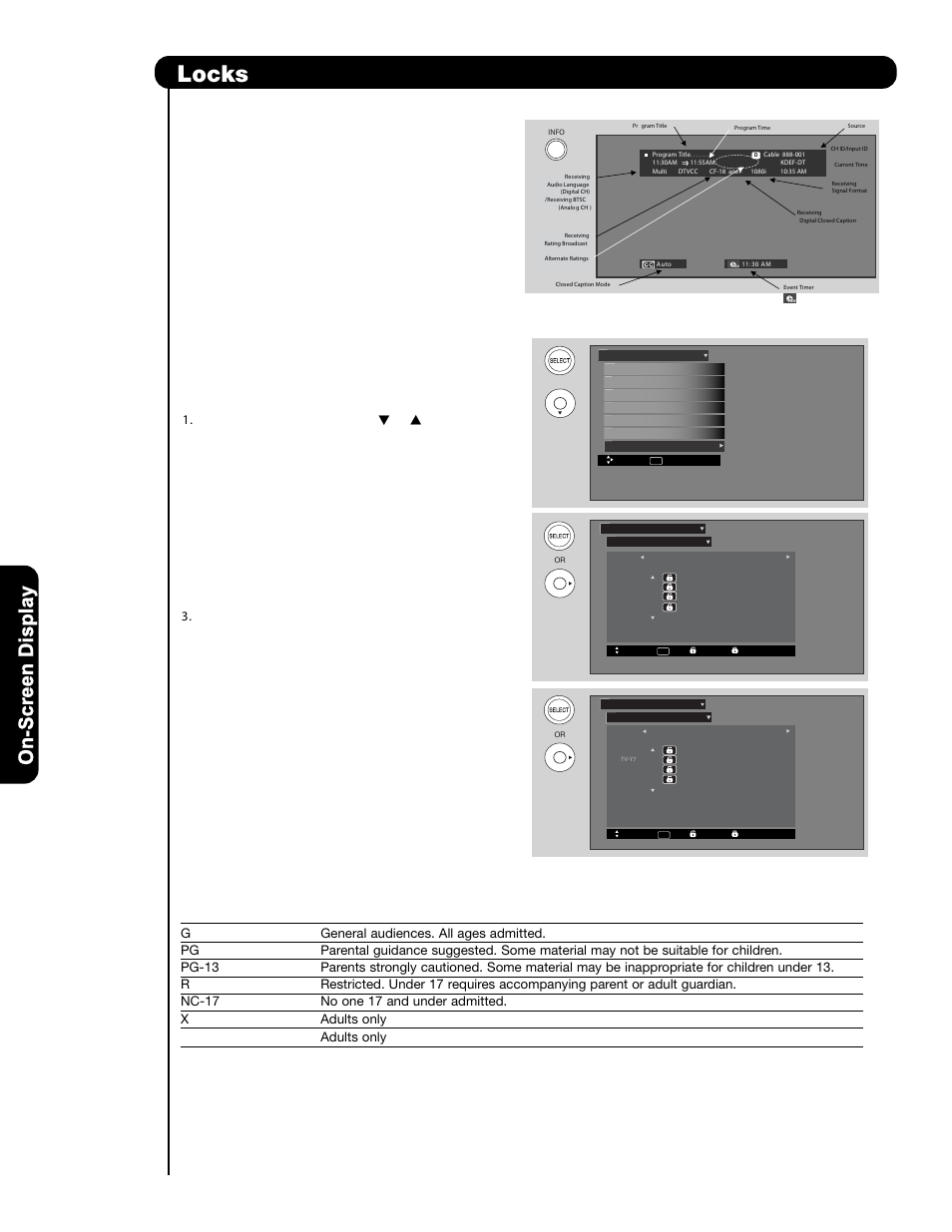 Locks, On-scr een display, Alternate ratings (example only) | Hitachi L47V651 User Manual | Page 52 / 150