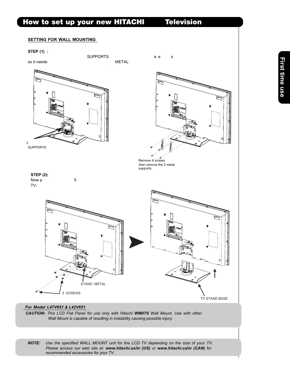 How to set up your new hitachi lcd television, First time use | Hitachi L47V651 User Manual | Page 7 / 150