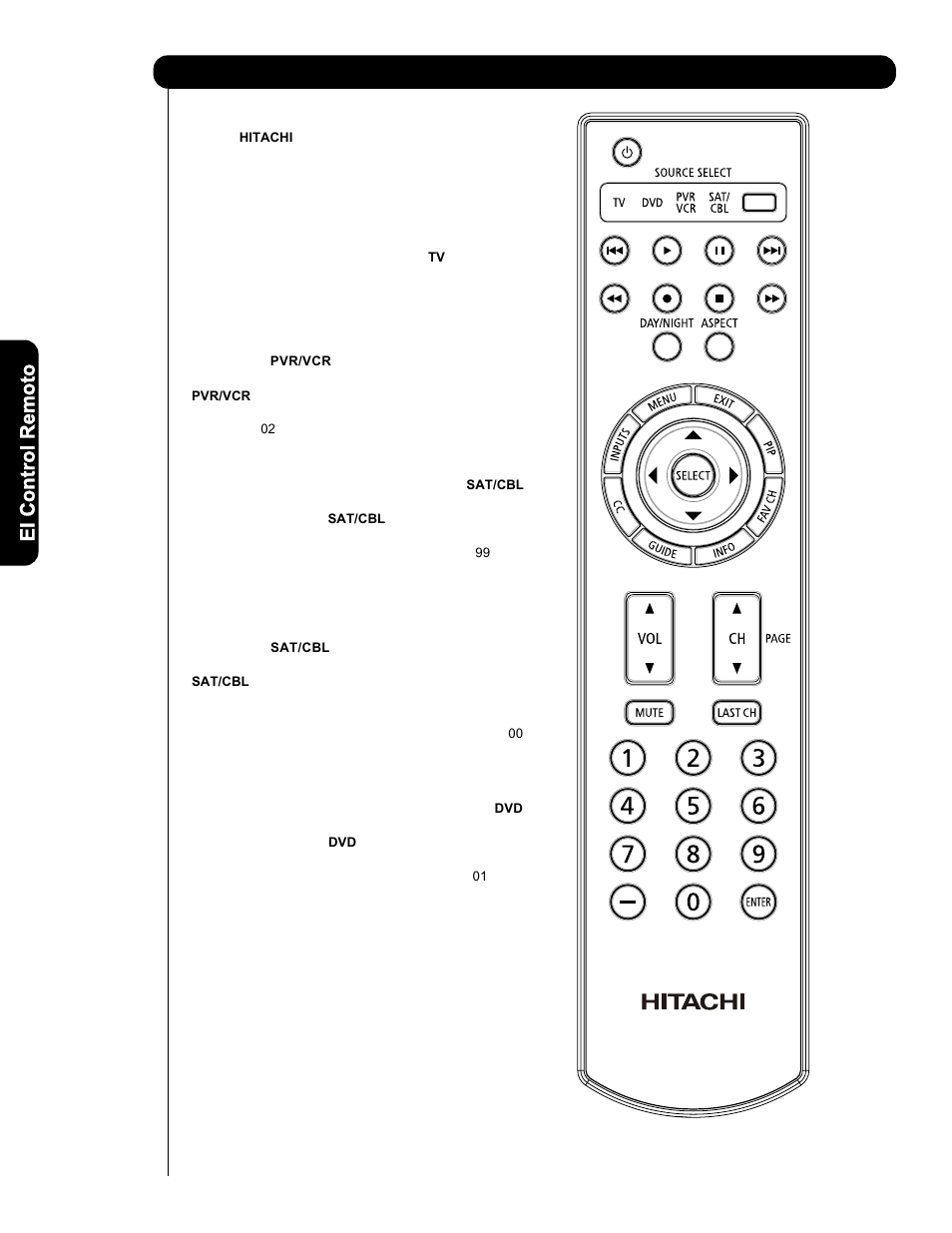 El control remoto | Hitachi L47V651 User Manual | Page 90 / 150