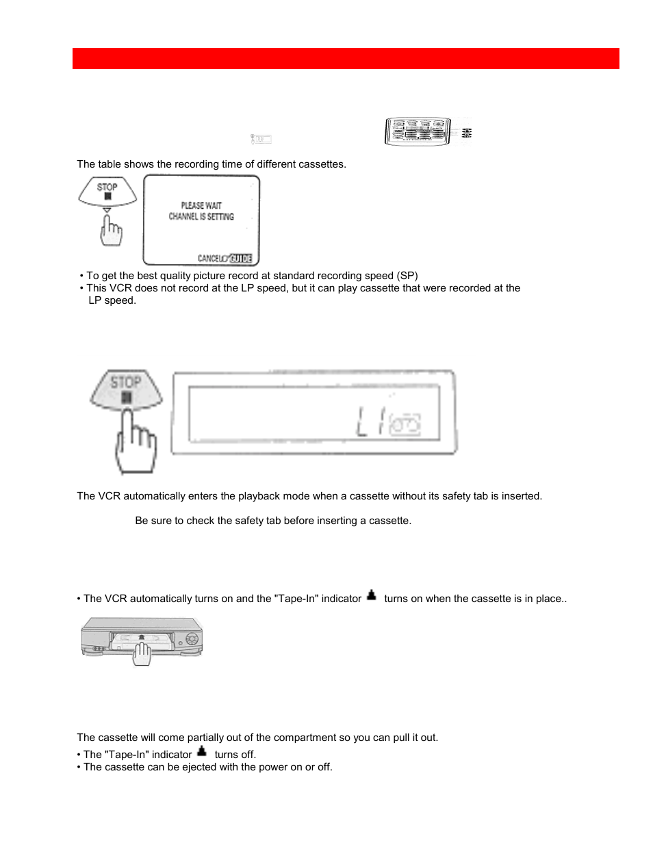 Cassette tapes, Types, Safety tabs prevent erasure | Insertion, Removal | Hitachi VTUX6430A User Manual | Page 15 / 77