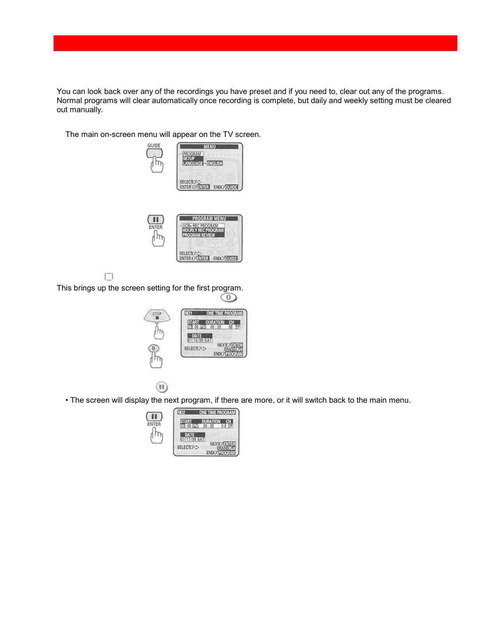 Program review, Reviewing what you have programmed | Hitachi VTUX6430A User Manual | Page 67 / 77