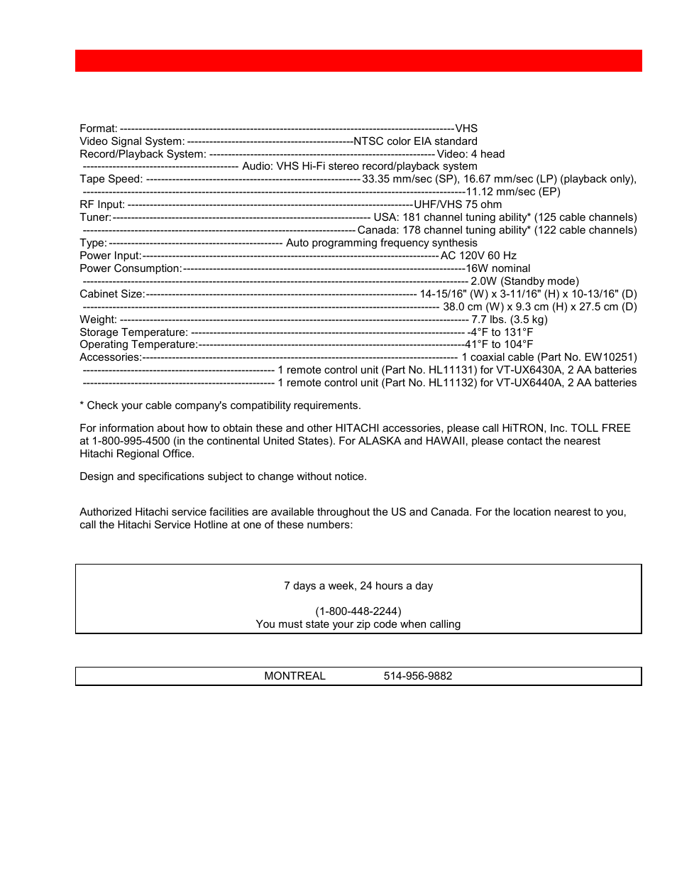 Technical specifications | Hitachi VTUX6430A User Manual | Page 77 / 77
