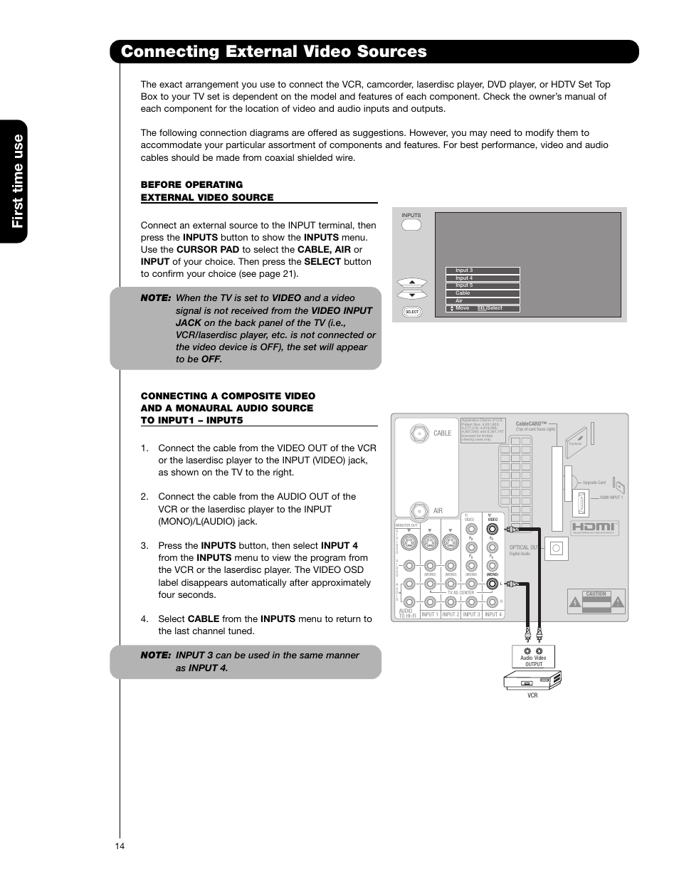 Connecting external video sources, First time use | Hitachi 57F710E User Manual | Page 14 / 72