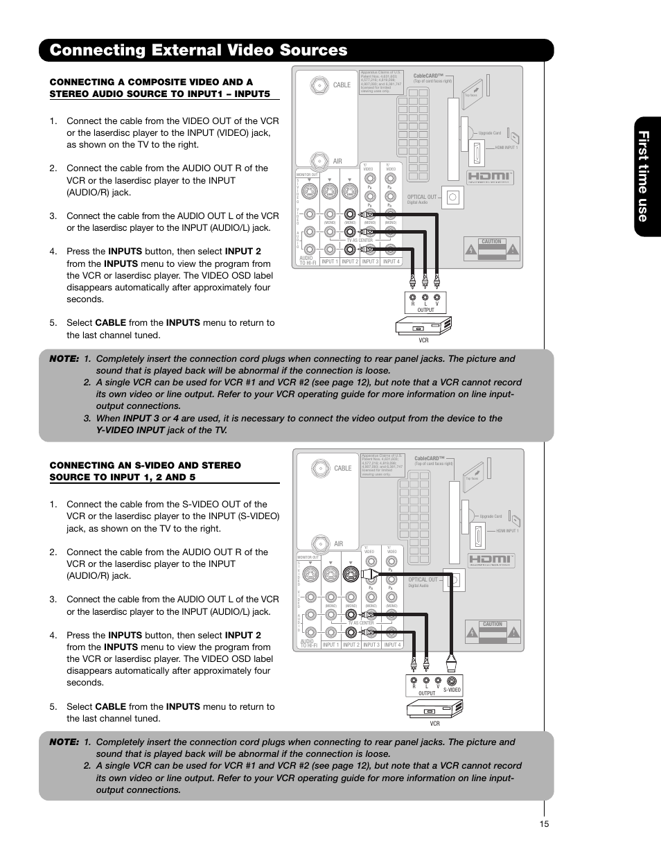 Connecting external video sources, First time use | Hitachi 57F710E User Manual | Page 15 / 72