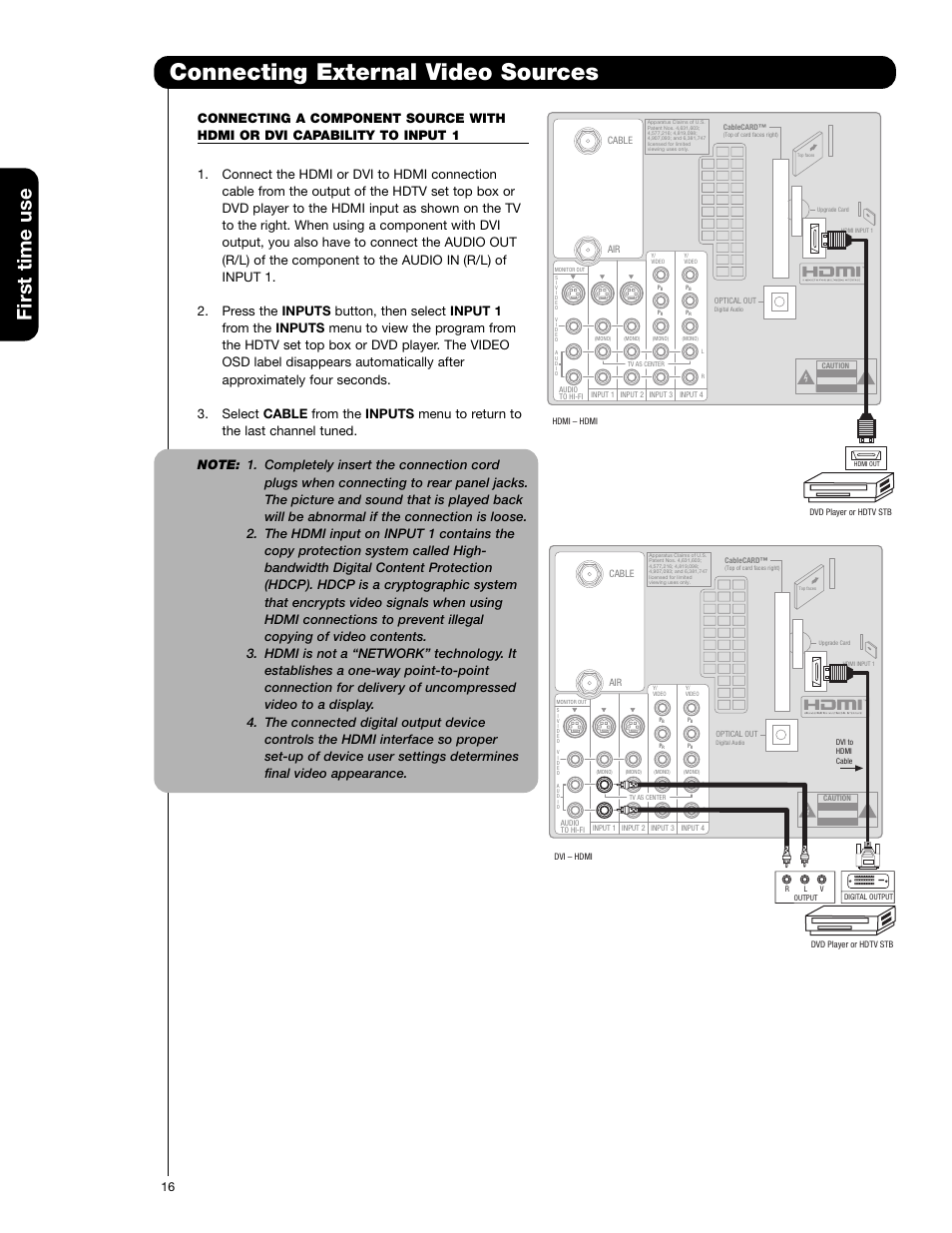 Connecting external video sources, First time use | Hitachi 57F710E User Manual | Page 16 / 72