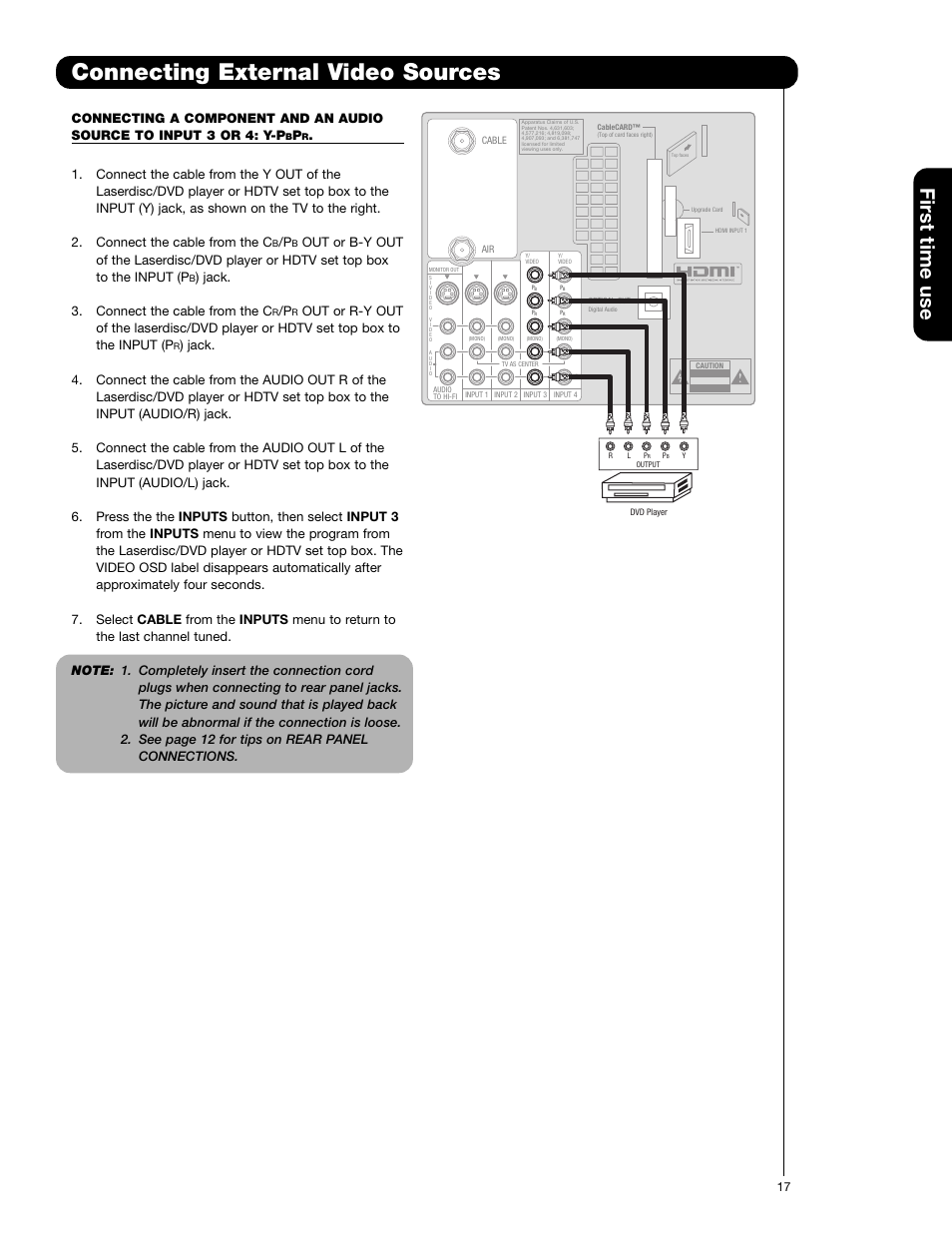 Connecting external video sources, First time use, Jack. 3. connect the cable from the c | Hitachi 57F710E User Manual | Page 17 / 72