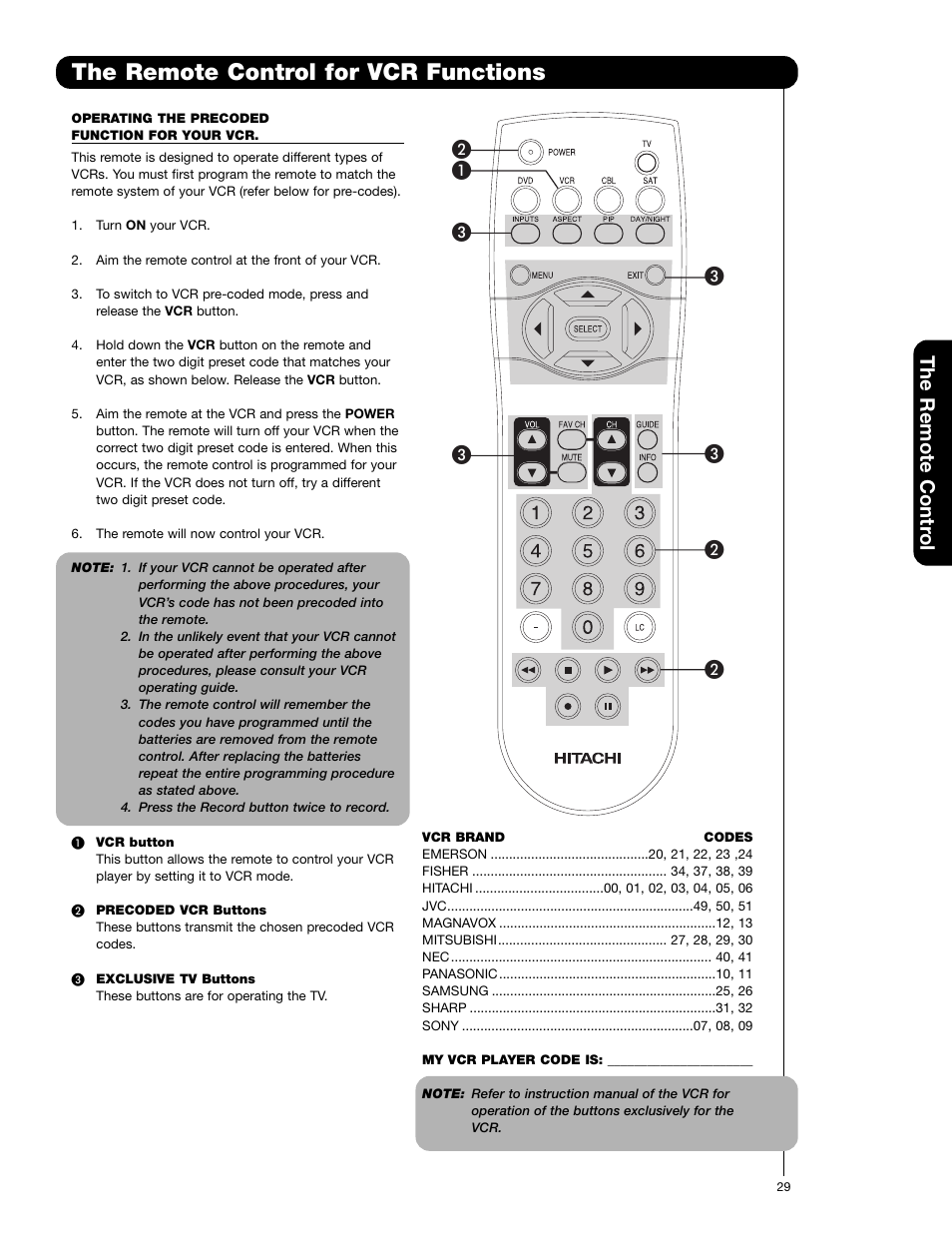 The remote control for vcr functions, The remote contr o l | Hitachi 57F710E User Manual | Page 29 / 72