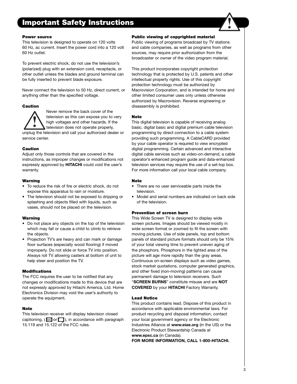 Important safety instructions | Hitachi 57F710E User Manual | Page 3 / 72