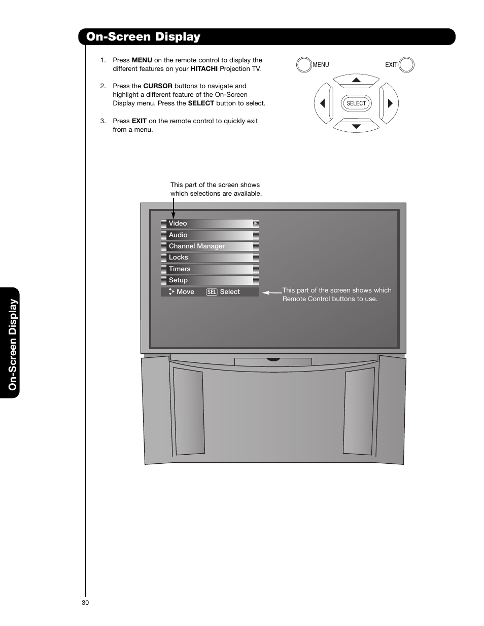 On-screen display, On-scr een display | Hitachi 57F710E User Manual | Page 30 / 72