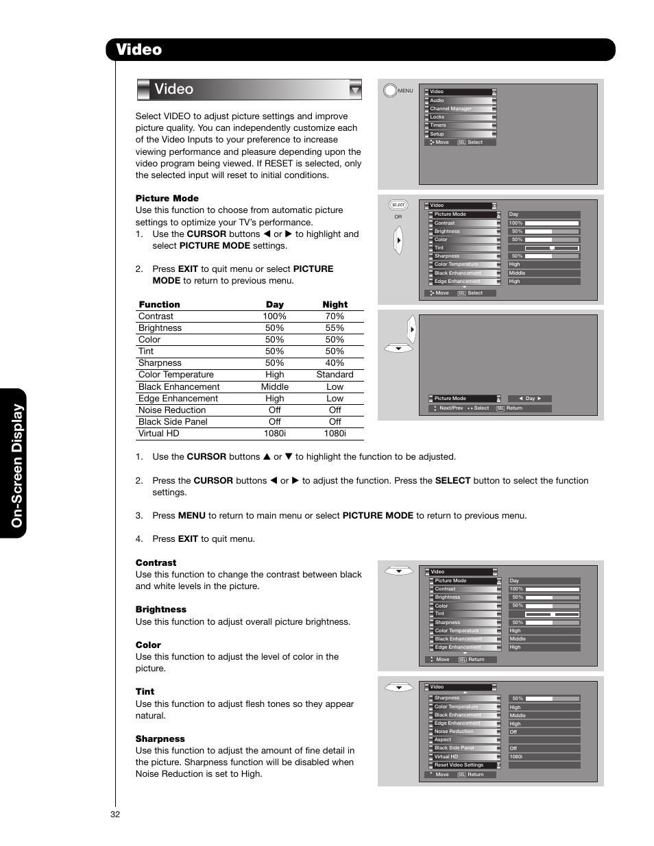 Video, On-scr een display | Hitachi 57F710E User Manual | Page 32 / 72