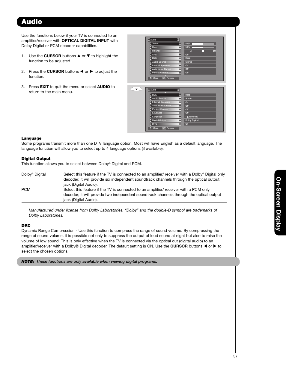 Audio, On-scr een display | Hitachi 57F710E User Manual | Page 37 / 72