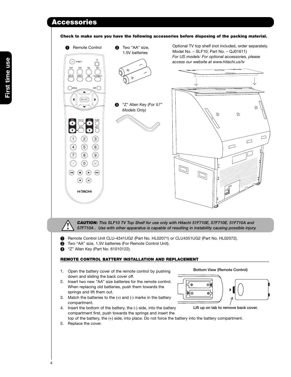 Accessories, First time use | Hitachi 57F710E User Manual | Page 4 / 72