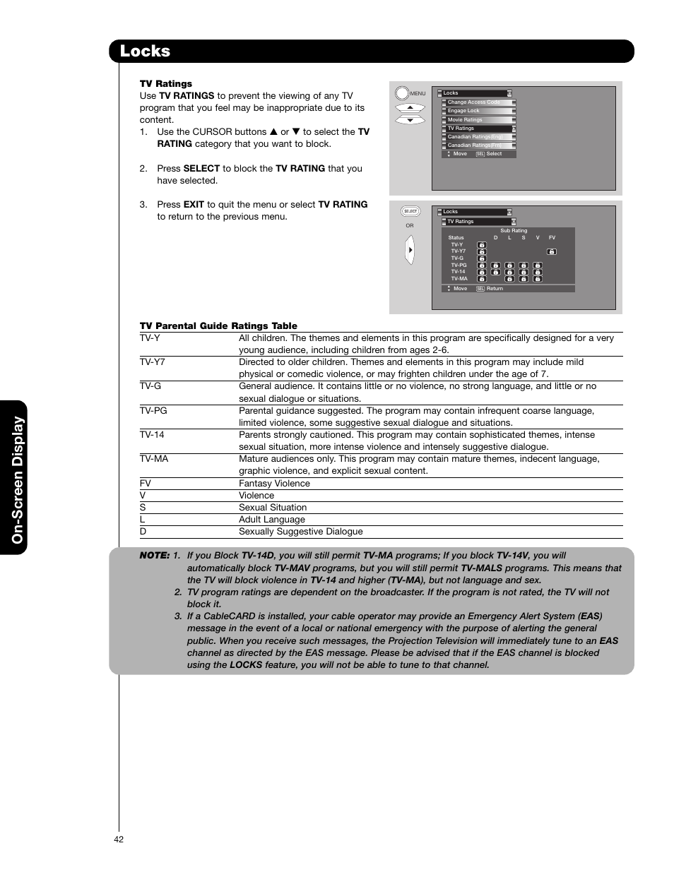 Locks, On-scr een display | Hitachi 57F710E User Manual | Page 42 / 72