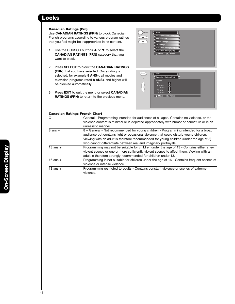 Locks, On-scr een display | Hitachi 57F710E User Manual | Page 44 / 72