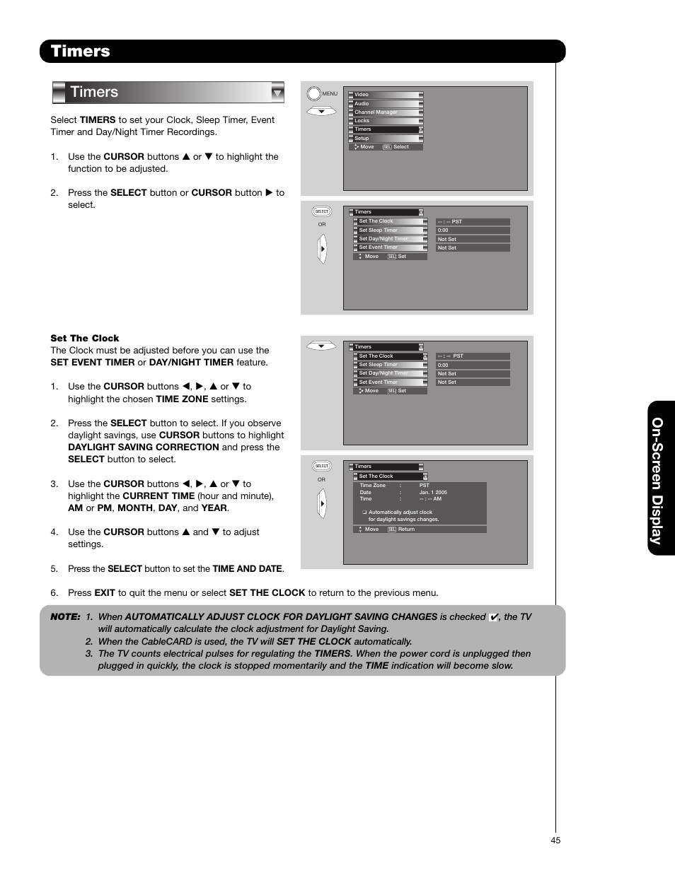 Timers, On-scr een display | Hitachi 57F710E User Manual | Page 45 / 72