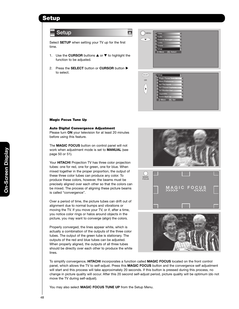 Setup, On-scr een display | Hitachi 57F710E User Manual | Page 48 / 72