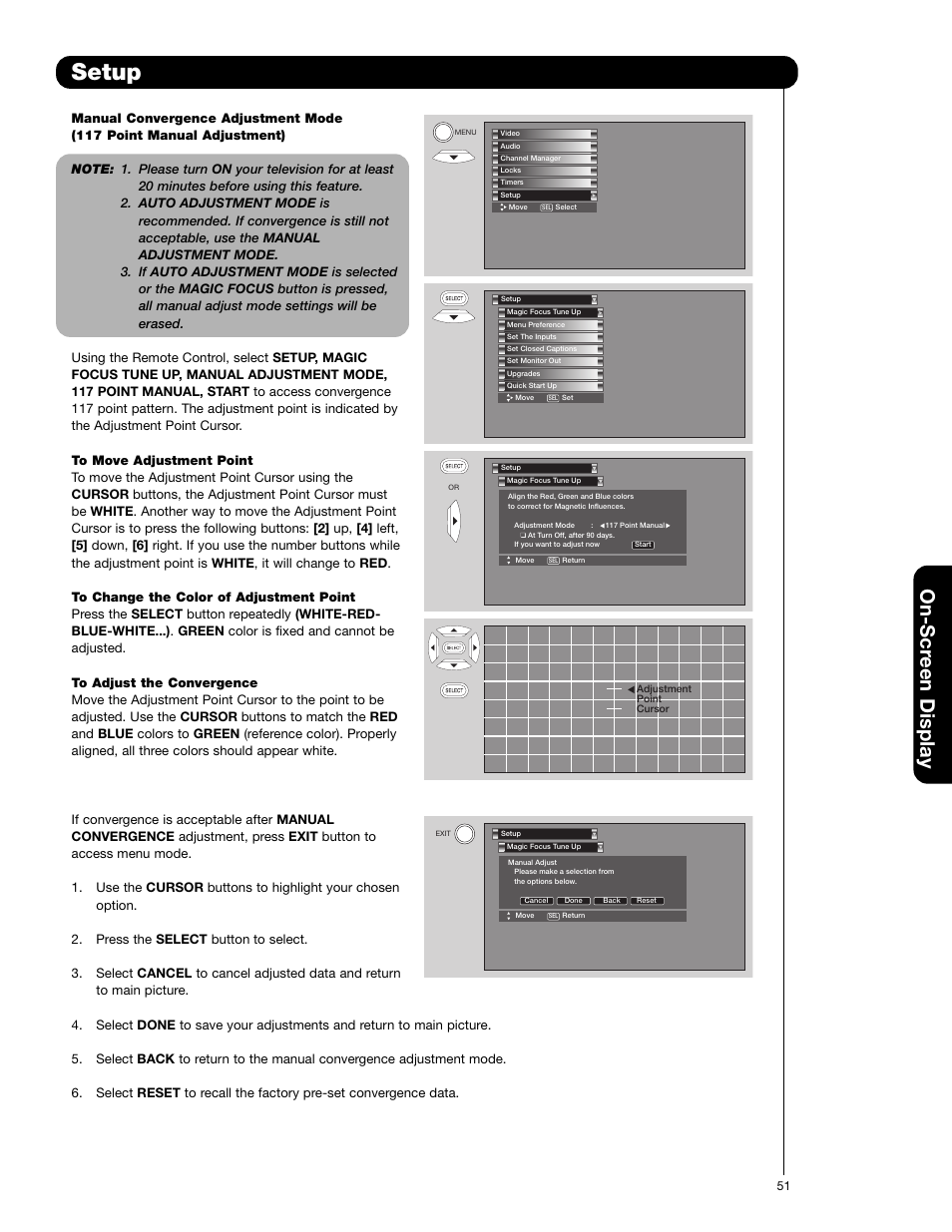 Setup, On-scr een display | Hitachi 57F710E User Manual | Page 51 / 72