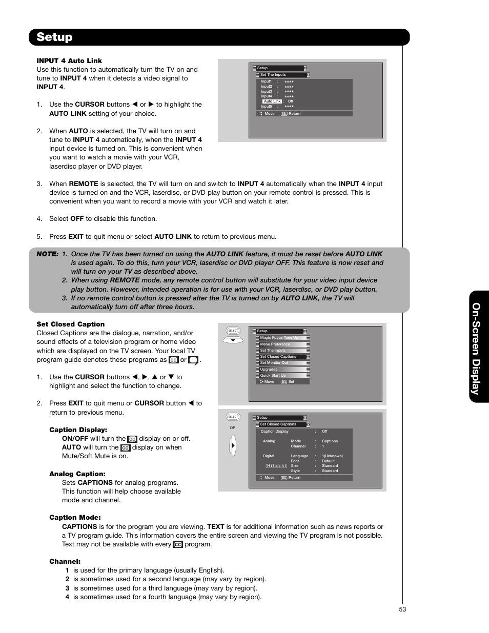 Setup, On-scr een display | Hitachi 57F710E User Manual | Page 53 / 72